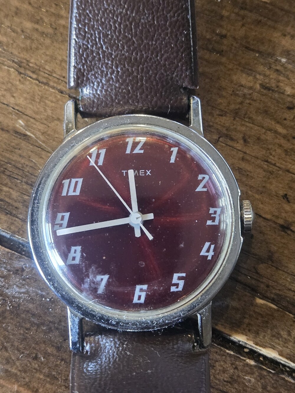 Vintage Timex Men's Brown Leather Strap Watch with Burgundy Dial